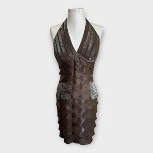 Vintage Y2K Cache Metallic Halter Mini Dress Womens size 6 Bodycon Glam Cocktail